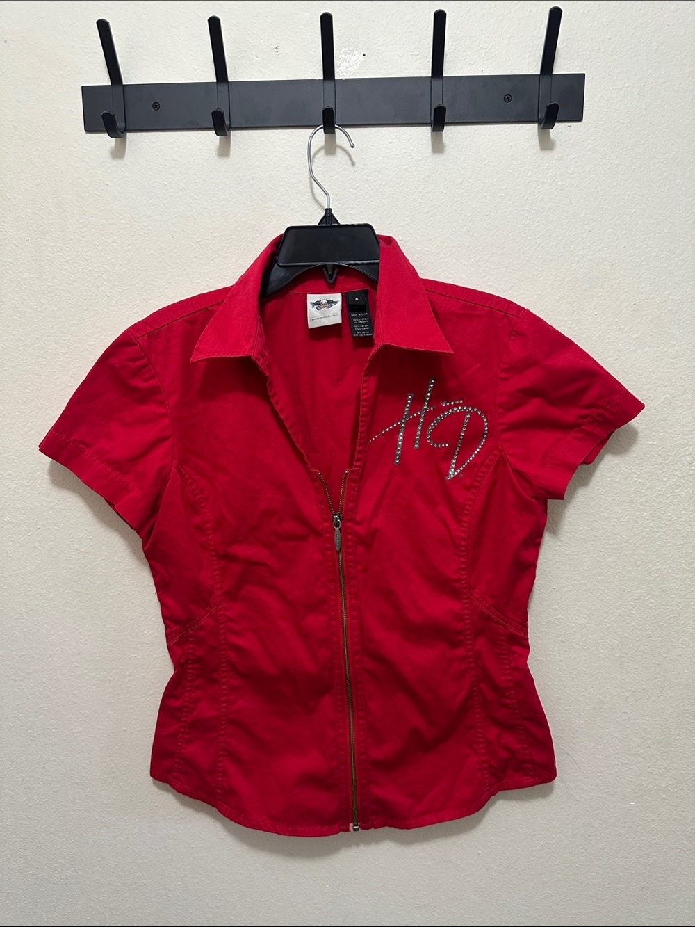 Harley-Davidson Red Rhinestone 'HD' Zip-Front Button Down Top